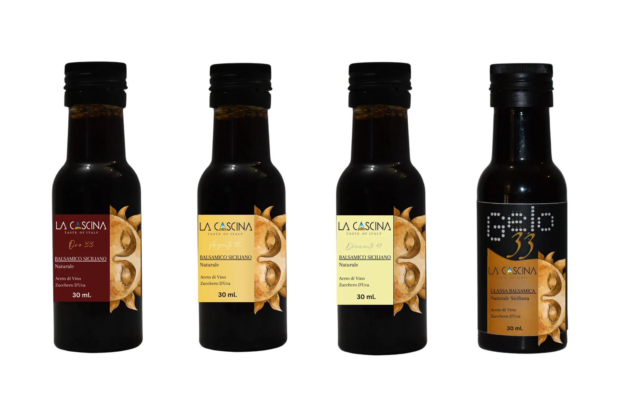 Balsamic vinegar of Sicily reserve diamond, gold, silver and frost  in box of 4 bottles of 30ml: 
